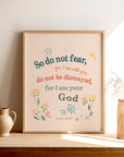 Isaiah 41:10 light beige scripture print with small flower pattern — Do not fear for I am with you
