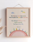 Christian kids print of John 3:16 — For God so loved the world — with pink earth and nature design