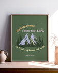 Psalm 121:2 scripture print with mountains and forest design — My help comes from the Lord the Maker of heaven and earth