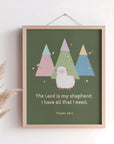 Christian nursery print of Psalm 23:1 — The Lord is my shepherd — with mountain and ship design