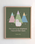 Psalm 23:1 kids scripture print featuring little mountains and a ship — The Lord is my shepherd; I have all that I need