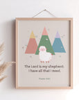 Christian pink nursery art print of Psalm 23:1 — The Lord is my shepherd — with mountain and ship design