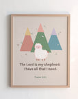 Psalm 23:1 pink kids scripture print featuring little mountains and a ship — The Lord is my shepherd; I have all that I need