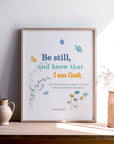 Psalm 46:10 scripture print light cloud with small flower pattern — Be still and know that I am God