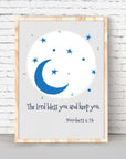 Moon and Stars- Numbers 6:24, The Lord bless you and keep you.This Christian Nursery wall decor is a beautiful way to remind your little ones that God is always with them—featuring an adorable moon and the stars with Bible verse Numbers 6:24. It makes a great Christian baby shower gift or a perfect church nursery decor!
