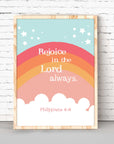 Philippians 4:4 wall art with soft orange rainbow design for Christian nursery room