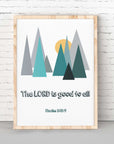 Green Mountain-Psalm 145:9, "The LORD is good to all." Looking for a unique and special gift for a Christian baby? Check our Psalm 145:9 Green Mountain Scripture Kids Art Print! This Christian Nursery wall decor is a simply beautiful way to remind your little ones that God is always with them. Featuring an adorable green mountain verse Psalm 145:9, this wall art is perfect for hanging in a bedroom or playroom. It makes a great Christian baby dedication gift, too!