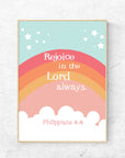 Orange Rainbow Art - Philippians 4:4 "Rejoice in the Lord always." This Christian Nursery wall decor is a simply beautiful way to remind your little ones that God is always with them. Featuring an adorable rainbow and the Bible verse Philippians 4:4, this wall art is perfect for hanging in a bedroom or playroom. This bright orange pink color art is perfect for any kid's room and is sure to bring a smile to your little one's face each time they see it.