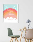 Orange Rainbow Art - Philippians 4:4 "Rejoice in the Lord always." This Christian Nursery wall decor is a simply beautiful way to remind your little ones that God is always with them. Featuring an adorable rainbow and the Bible verse Philippians 4:4, this wall art is perfect for hanging in a bedroom or playroom. This bright orange pink color art is perfect for any kid's room and is sure to bring a smile to your little one's face each time they see it.