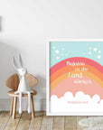 Orange Rainbow Art - Philippians 4:4 "Rejoice in the Lord always." This Christian Nursery wall decor is a simply beautiful way to remind your little ones that God is always with them. Featuring an adorable rainbow and the Bible verse Philippians 4:4, this wall art is perfect for hanging in a bedroom or playroom. This bright orange pink color art is perfect for any kid's room and is sure to bring a smile to your little one's face each time they see it.