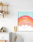 Orange Rainbow Art - Philippians 4:4 "Rejoice in the Lord always." This Christian Nursery wall decor is a simply beautiful way to remind your little ones that God is always with them. Featuring an adorable rainbow and the Bible verse Philippians 4:4, this wall art is perfect for hanging in a bedroom or playroom. This bright orange pink color art is perfect for any kid's room and is sure to bring a smile to your little one's face each time they see it.