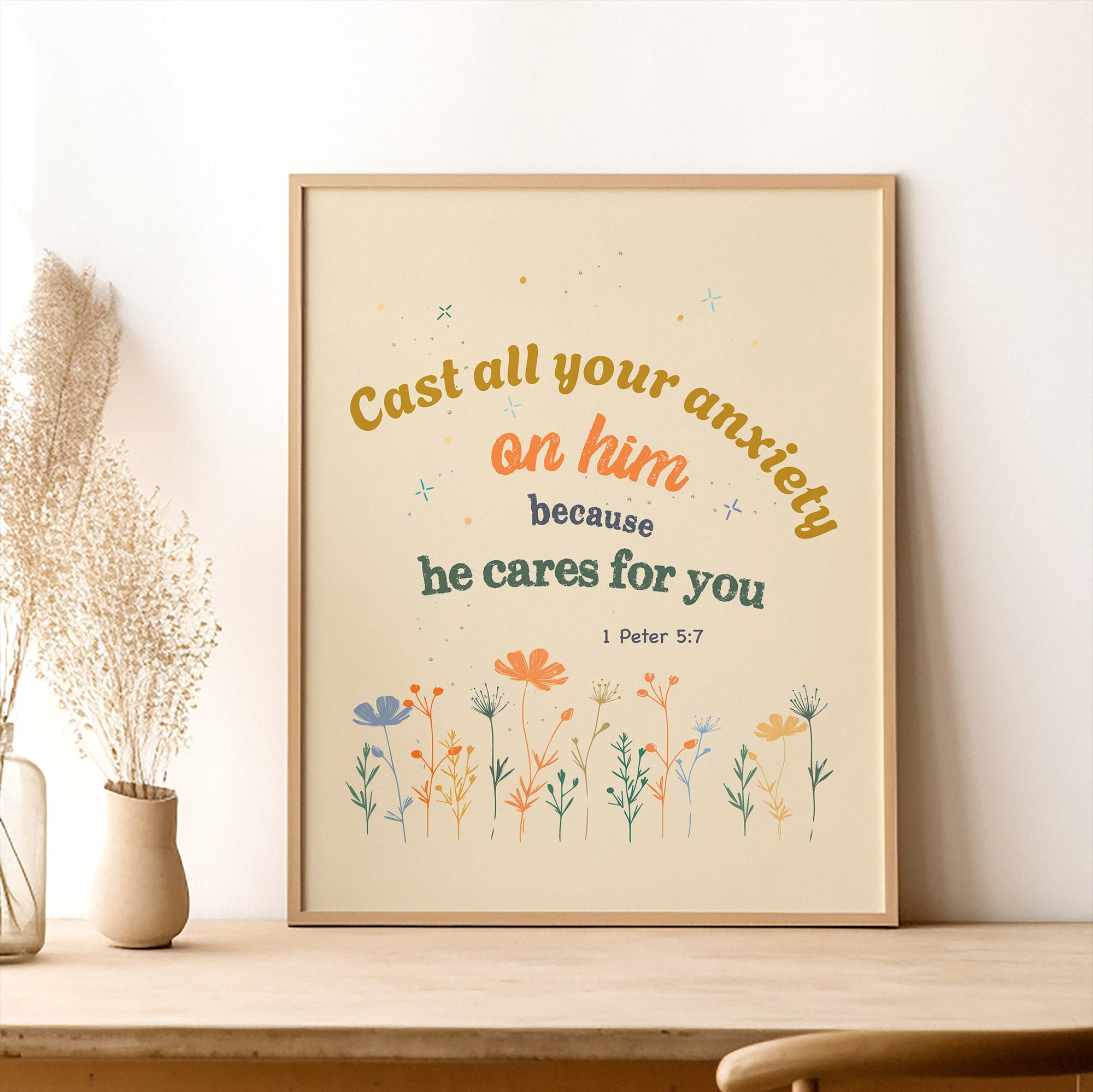 1 Peter 5:7 light beige scripture print with small flower pattern — Cast all your anxiety on him because he cares for you