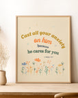 1 Peter 5:7 light beige scripture print with small flower pattern — Cast all your anxiety on him because he cares for you