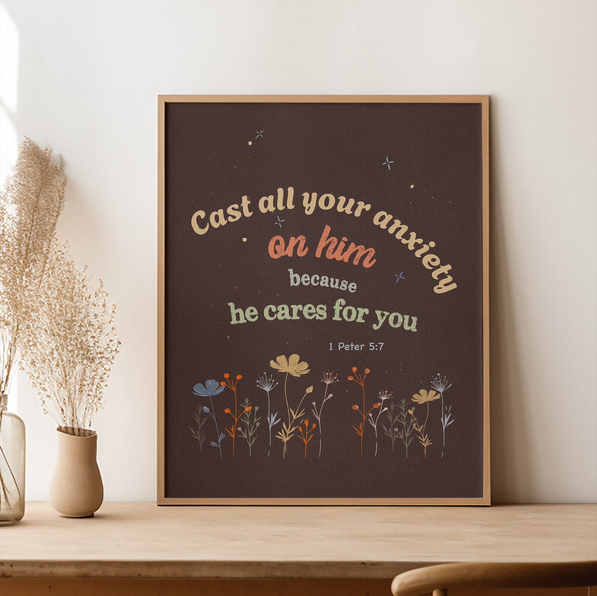 1 Peter 5:7 scripture print with small flower pattern — Cast all your anxiety on him because he cares for you