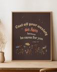1 Peter 5:7 scripture print with small flower pattern — Cast all your anxiety on him because he cares for you