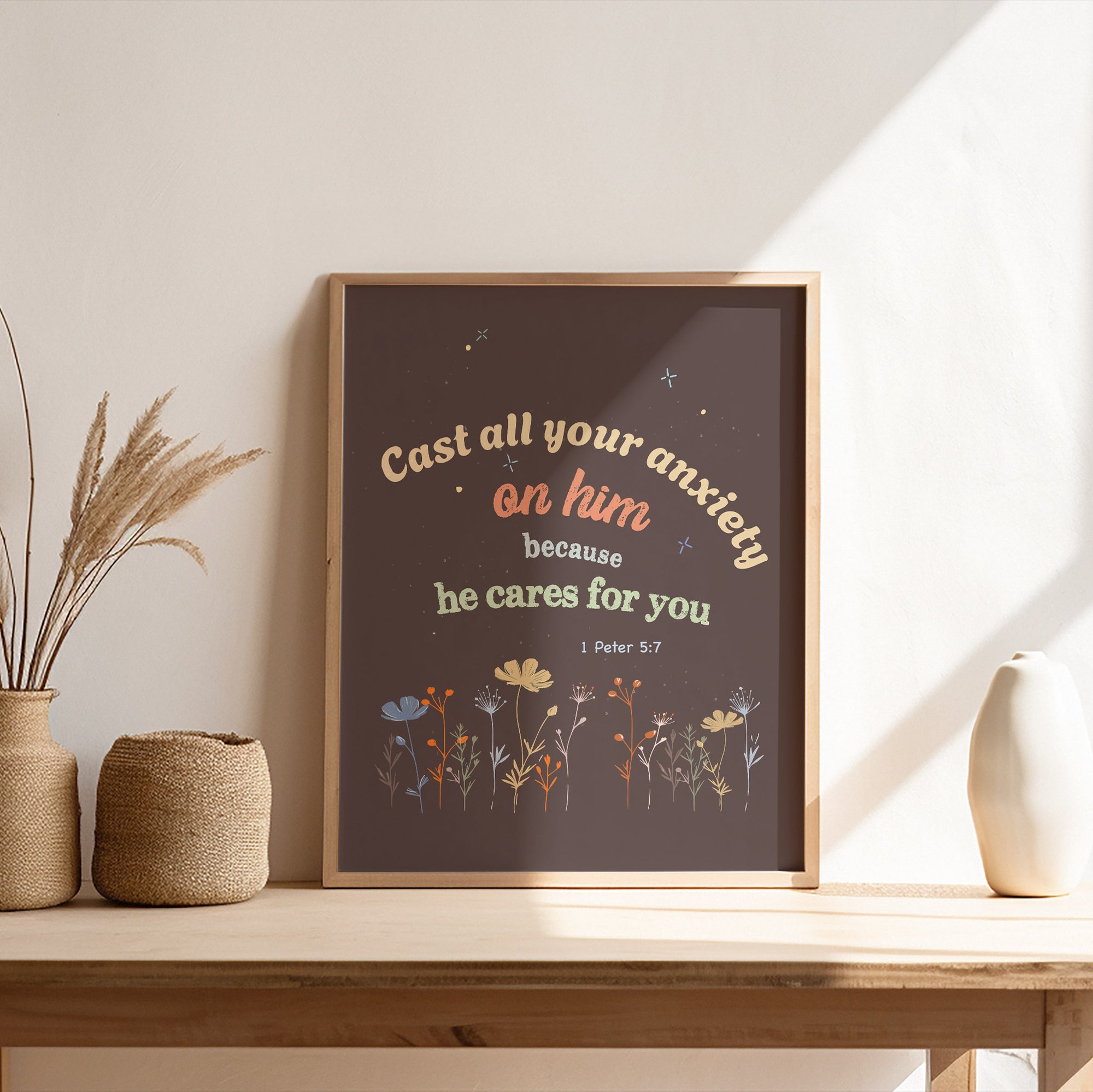 1 Peter 5:7 Garden Series wall art displayed in a home — Cast all your anxiety on him