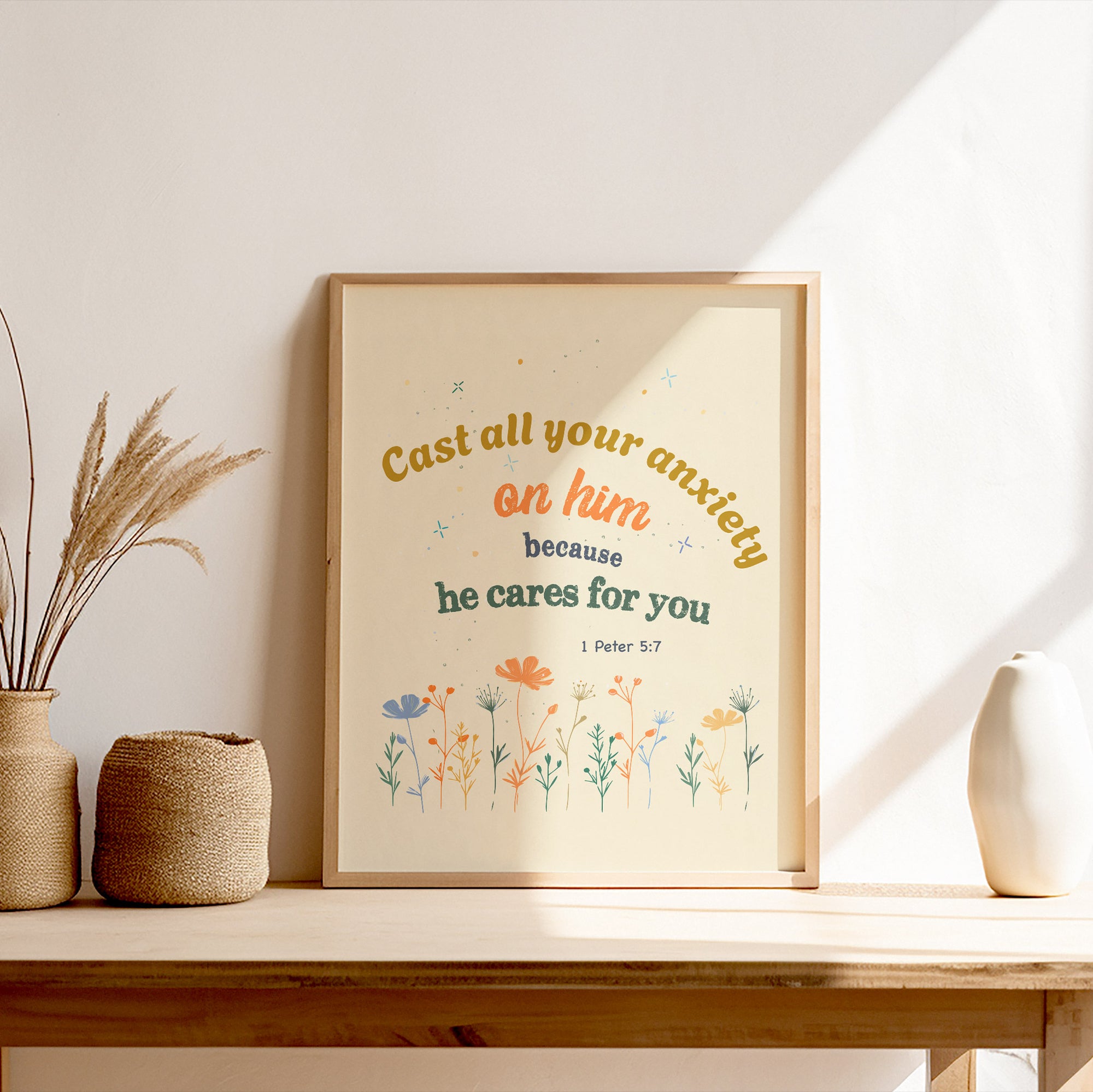 1 Peter 5:7 light beige Garden Series wall art displayed in a home — Cast all your anxiety on him