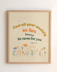 Christian floral print of 1 Peter 5:7 light beige — Cast all your anxiety on him because he cares for you