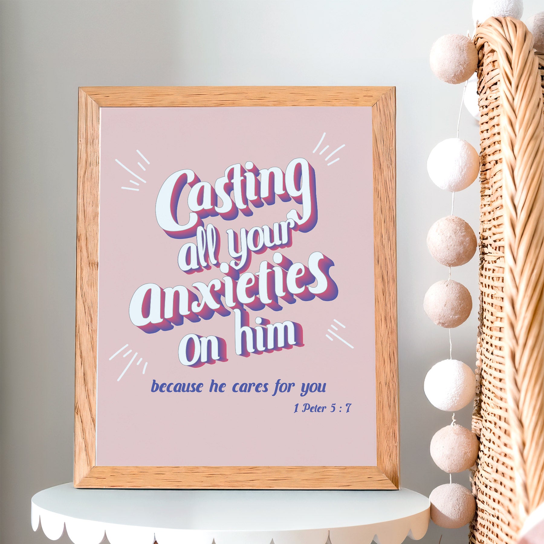 1 Peter 5:7 scripture wall art displayed in pink teen bedroom
