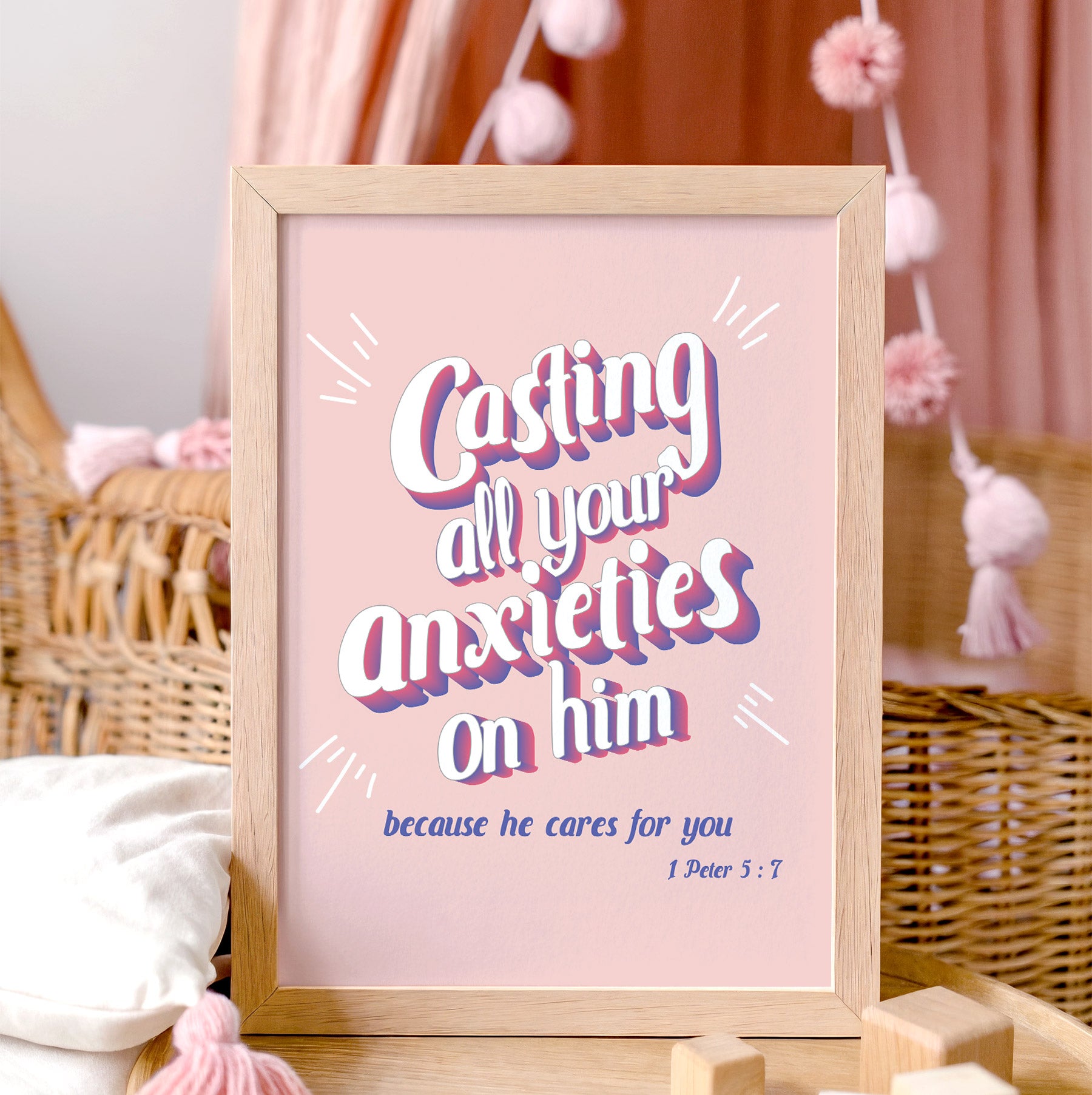1 Peter 5:7 scripture wall art displayed in modern teen bedroom