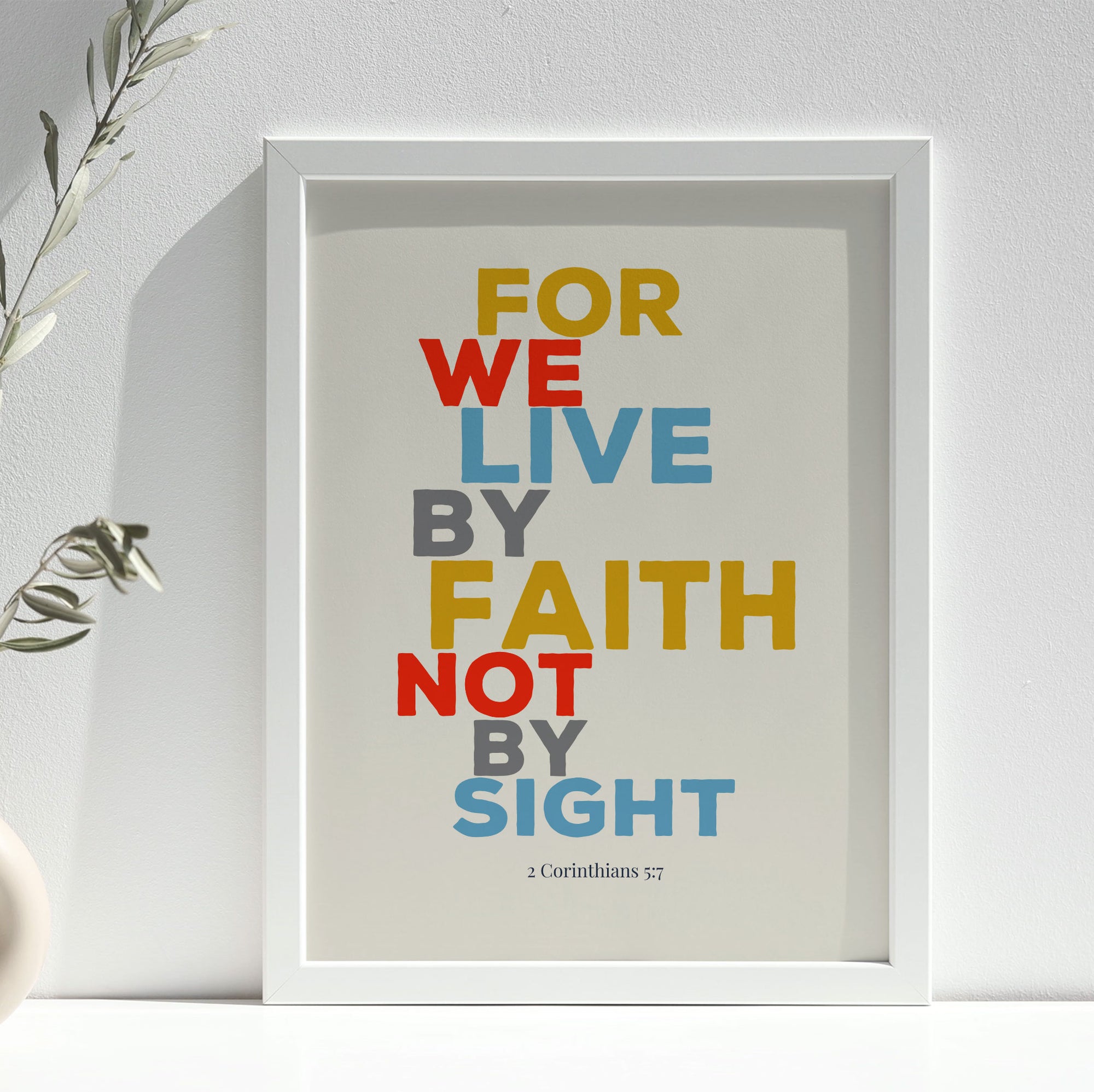 2 Corinthians 5:7 office wall art featuring “Live by Faith” in vintage yellow and orange tones