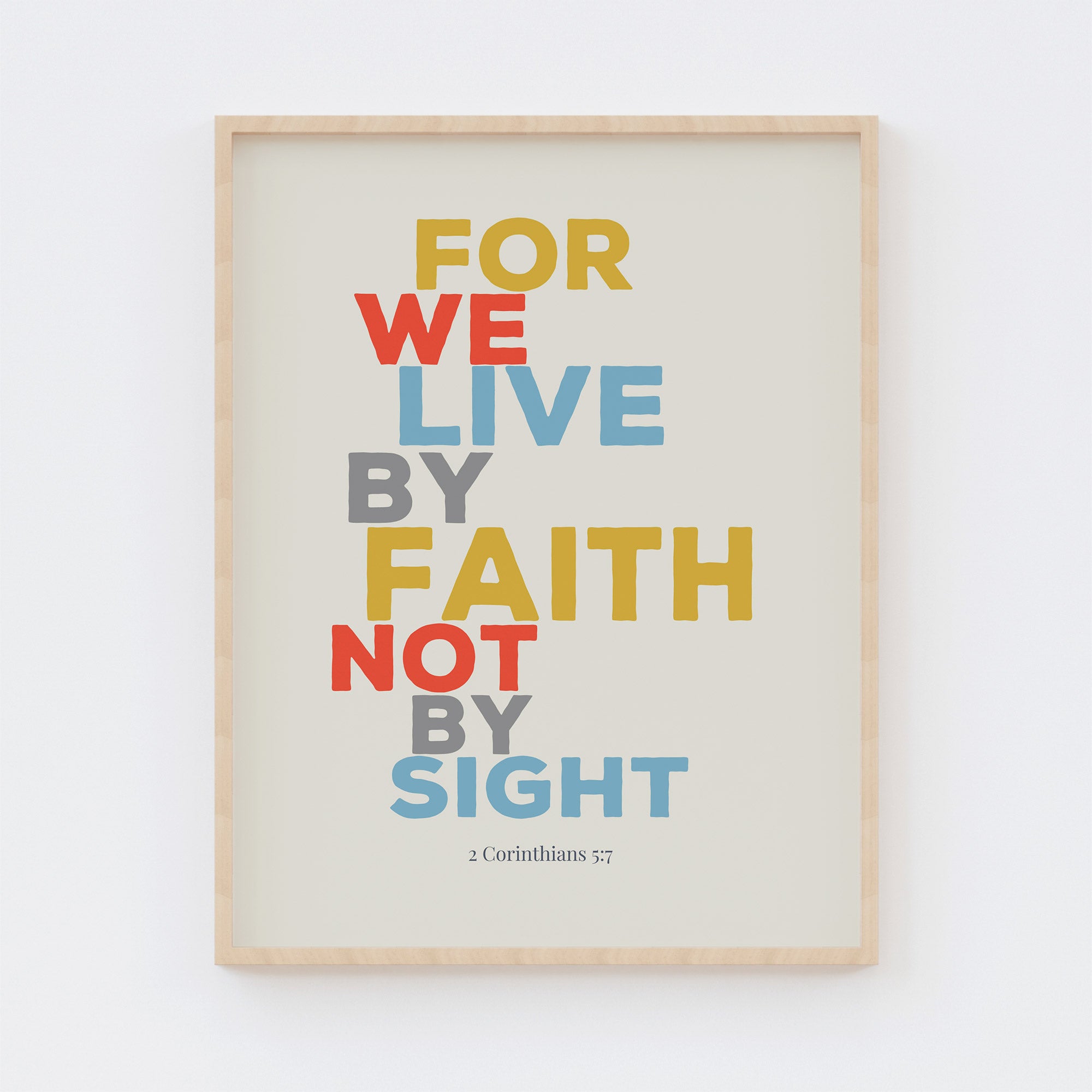 Vintage 2 Corinthians 5:7 scripture print displayed in home office decor