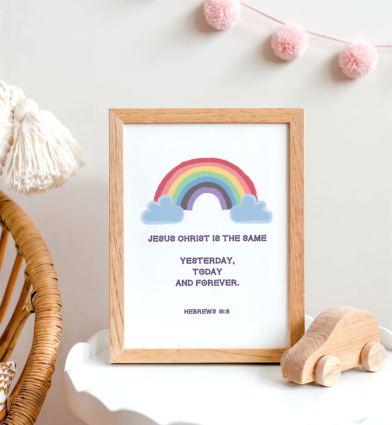 Christian girl's room decor featuring Hebrews 13:8 rainbow cloud wall art