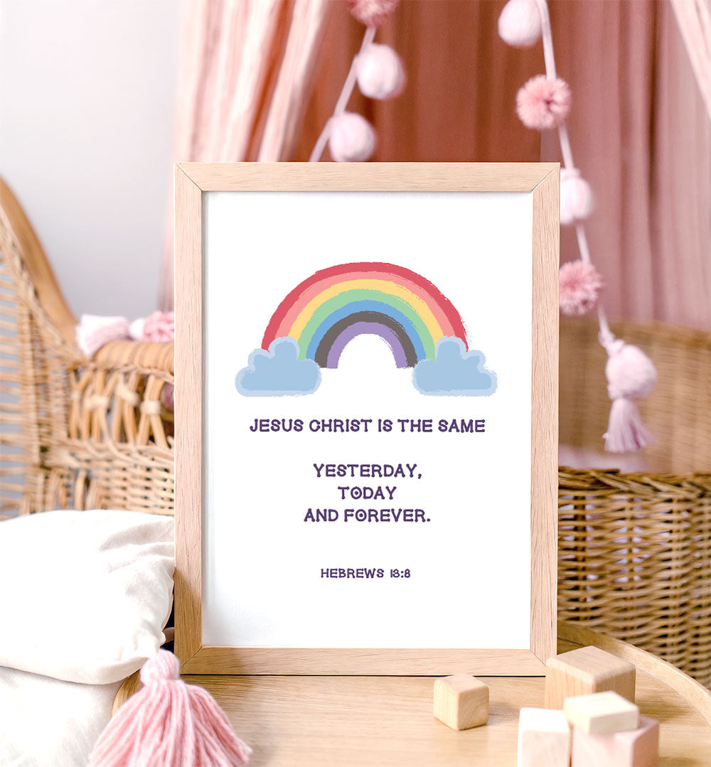 Hebrews 13:8 scripture wall art displayed in nursery with pastel rainbow cloud design
