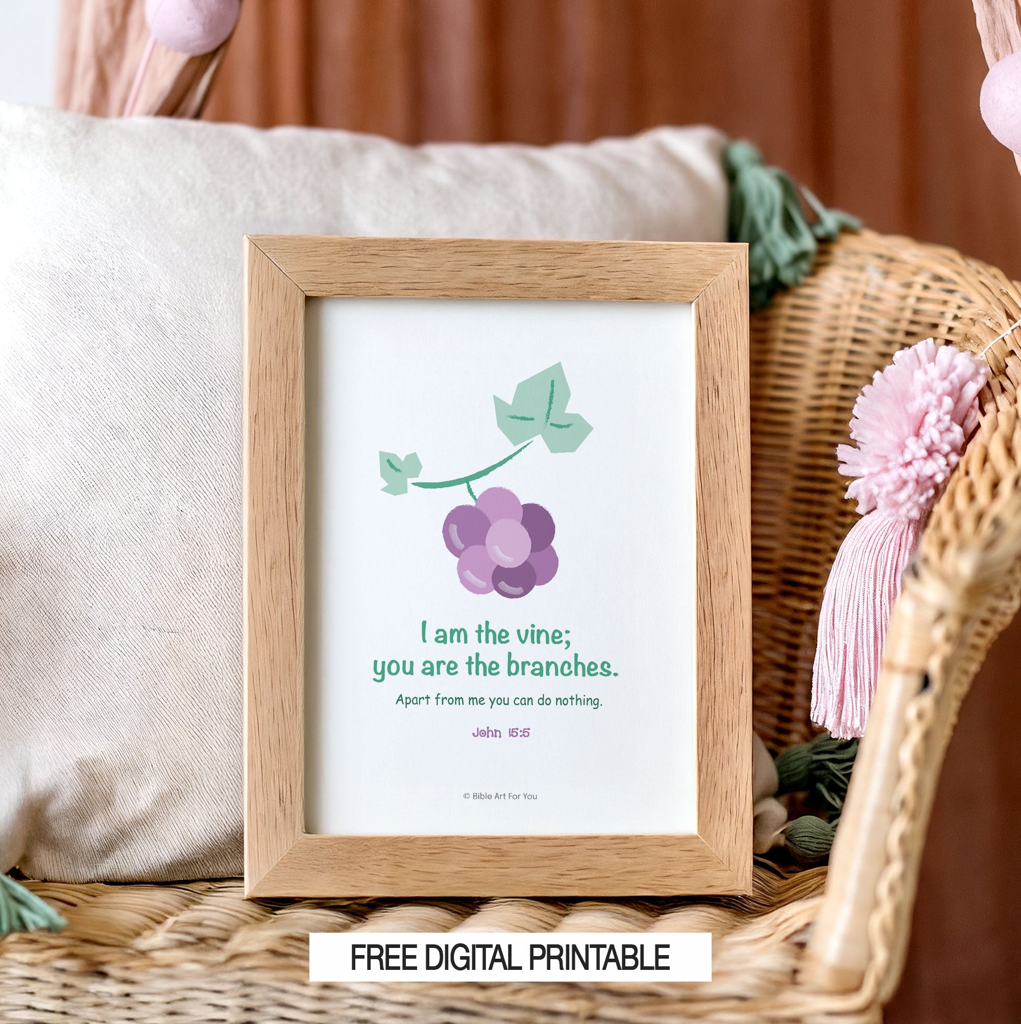 Free John 15:5 vine Bible verse printable displayed in nursery decor