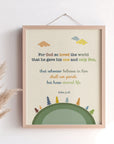 Christian kids print of John 3:16 — For God so loved the world — with earth and nature design