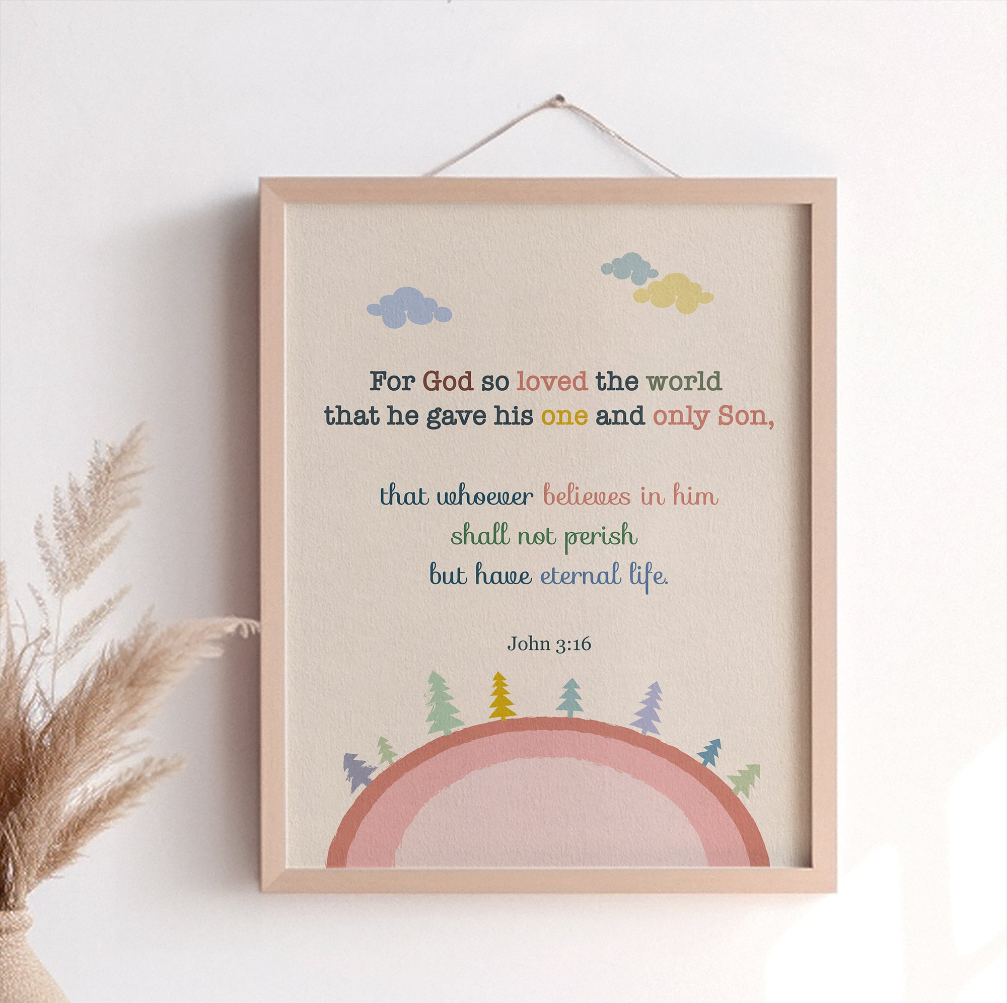 Christian kids print of John 3:16 — For God so loved the world — with pink earth and nature design
