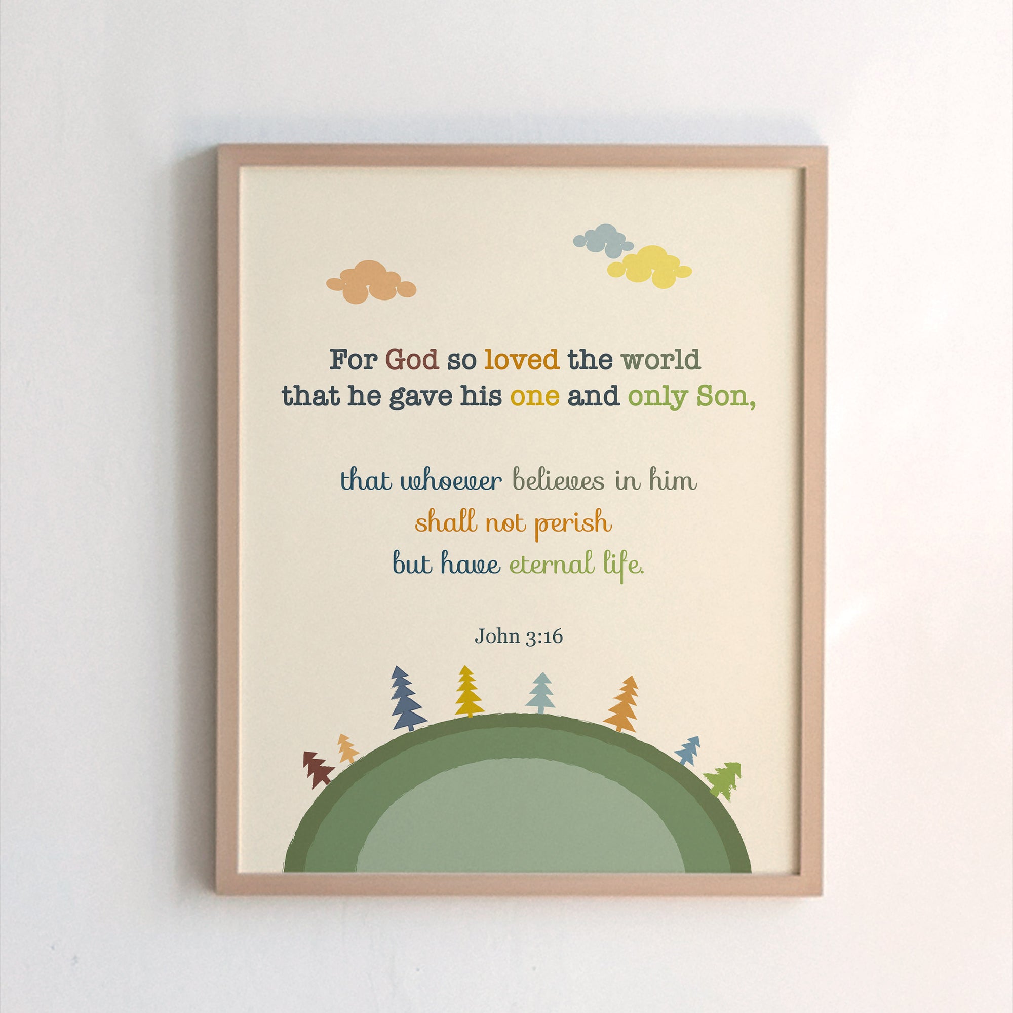 John 3:16 kids scripture print featuring a round earth and small trees design — For God so loved the world
