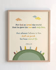 John 3:16 kids scripture print featuring a round earth and small trees design — For God so loved the world