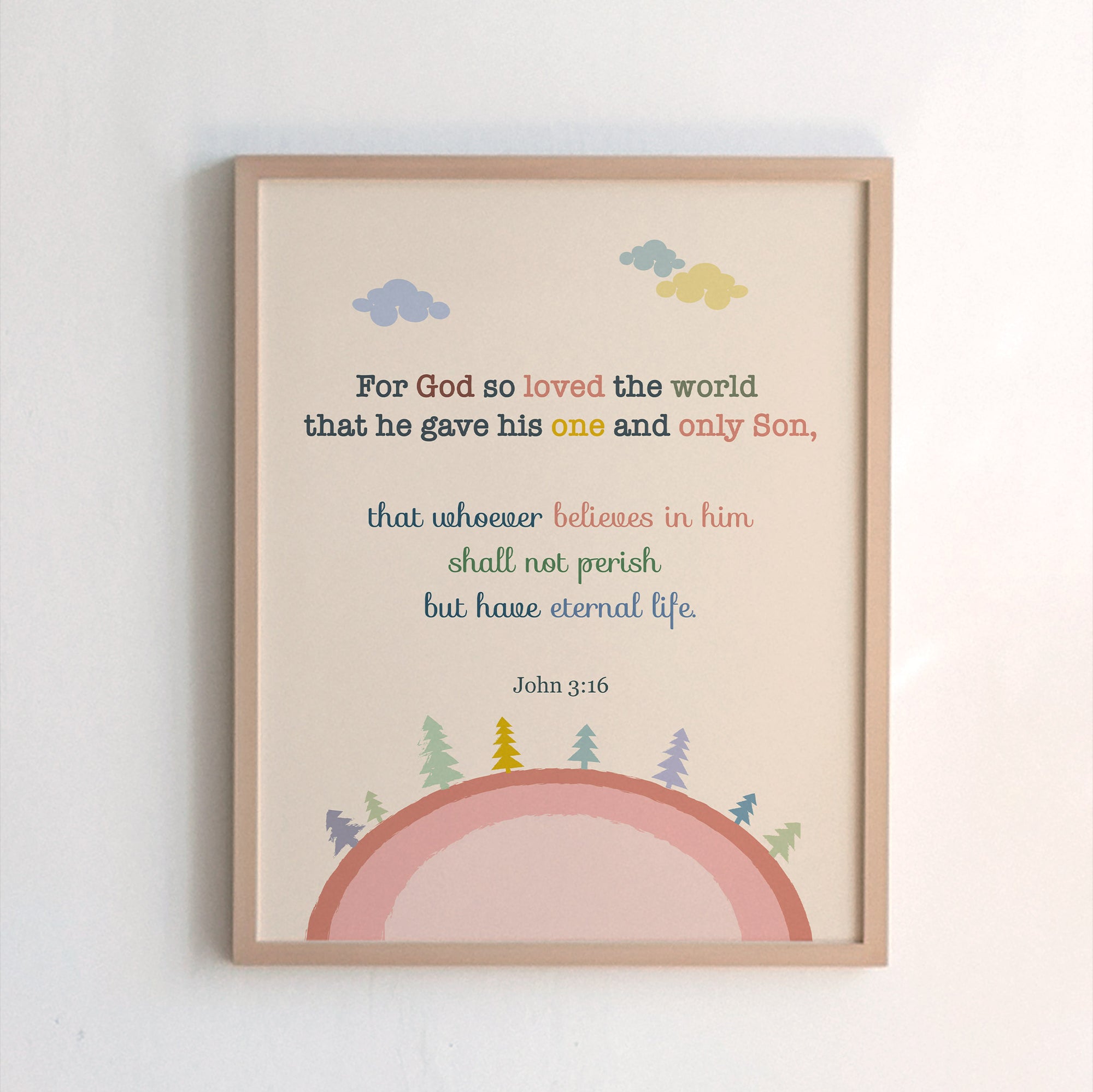 John 3:16 kids scripture print featuring a pink round earth and small trees design — For God so loved the world