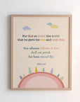 John 3:16 kids scripture print featuring a pink round earth and small trees design — For God so loved the world