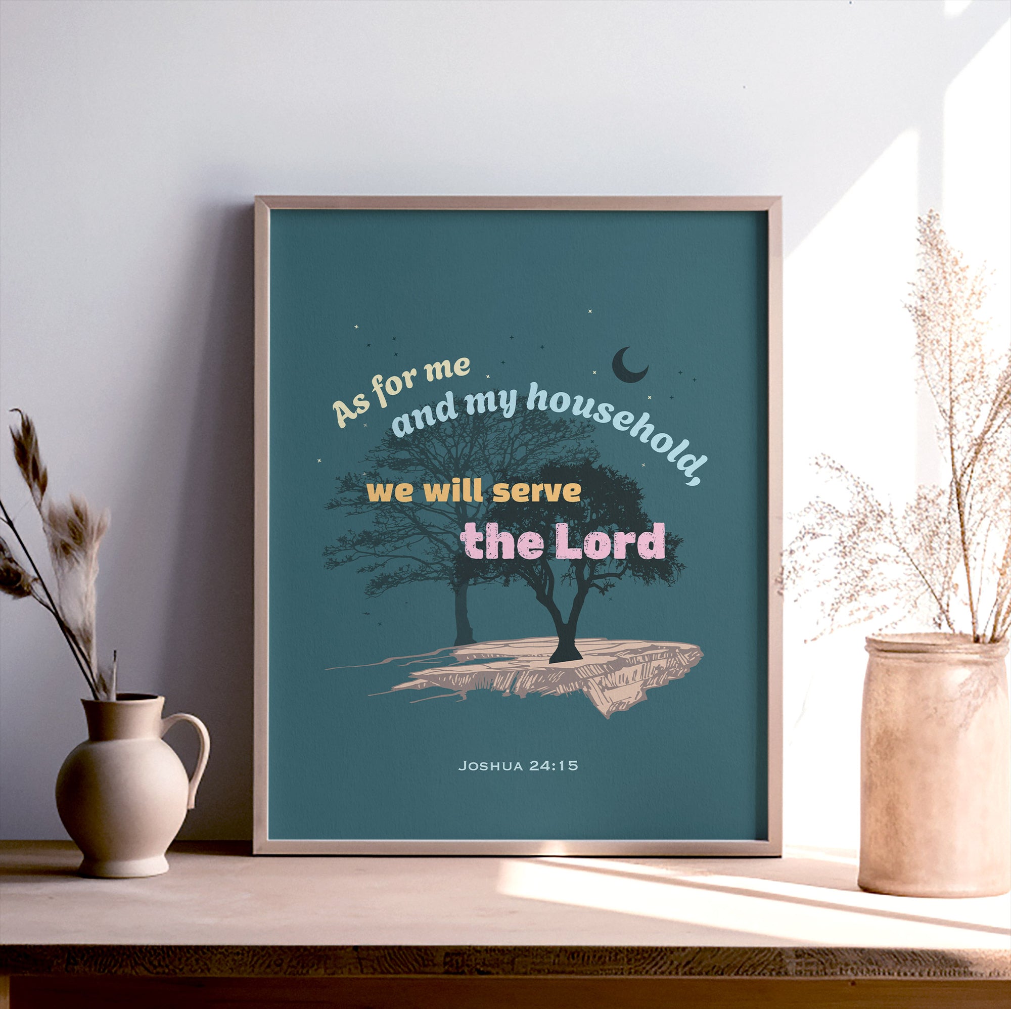 Joshua 24:15 scripture print with trees on the rock design — As for me and my household we will serve the Lord