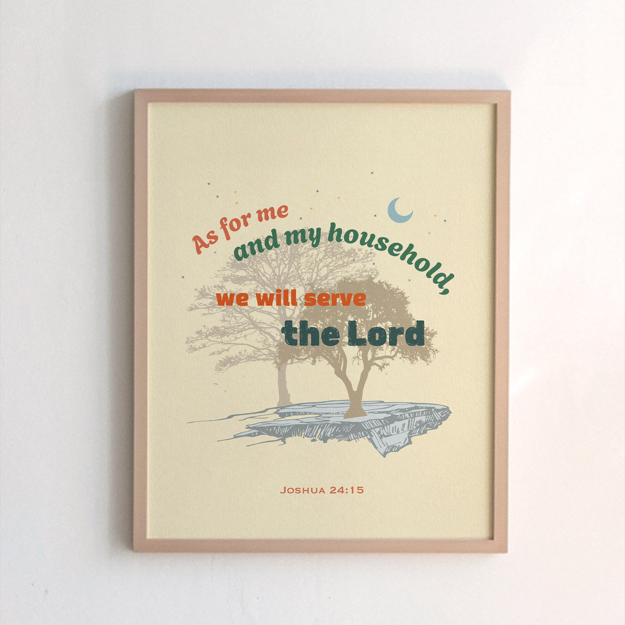 Christian trees on rock print of Joshua 24:15 light beige — As for me and my house we will serve the Lord