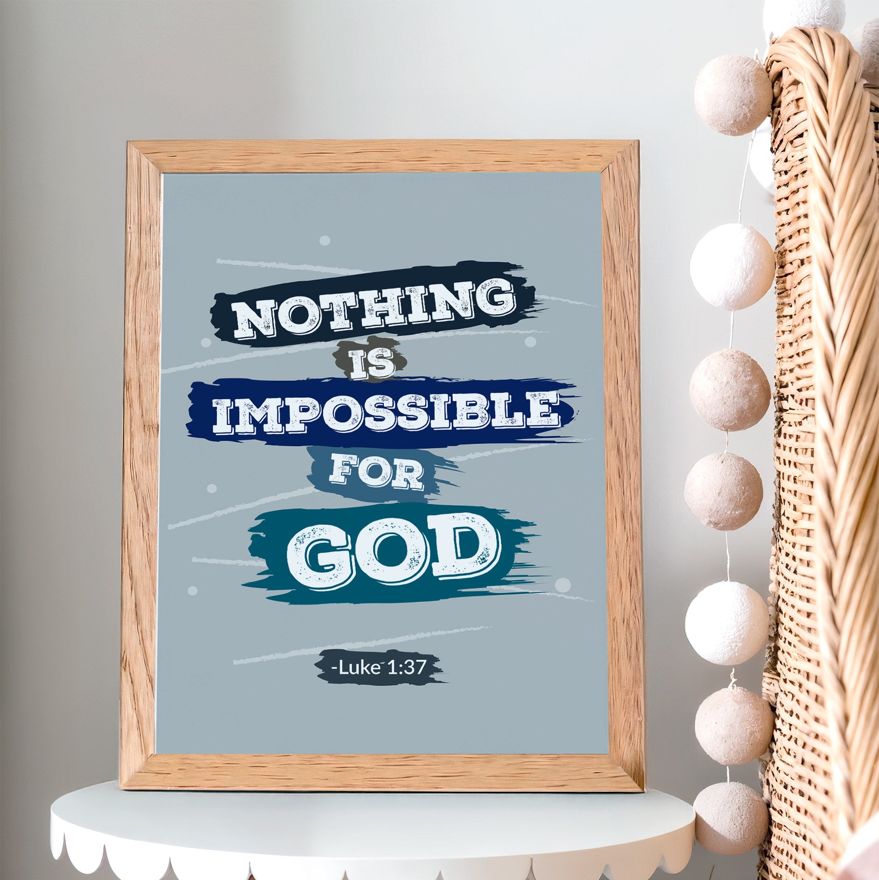 Navy Luke 1:37 scripture wall art displayed in modern teen bedroom