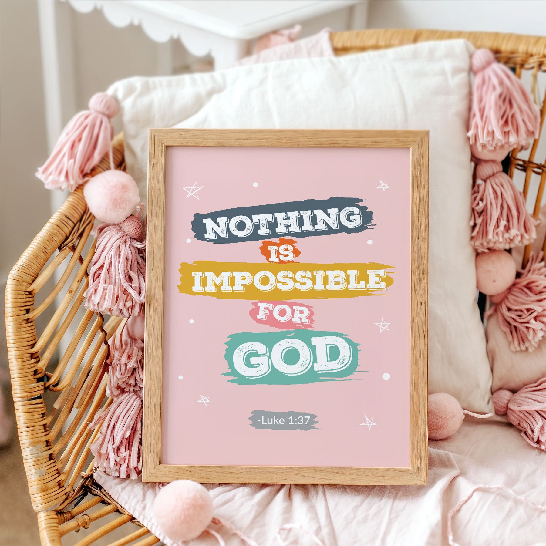 Modern pink Luke 1:37 wall art for Christian teen bedroom decor