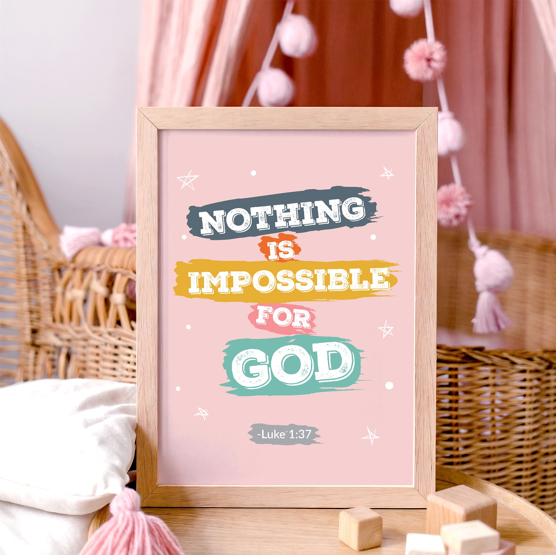 Pink Luke 1:37 scripture wall art displayed in modern teen bedroom