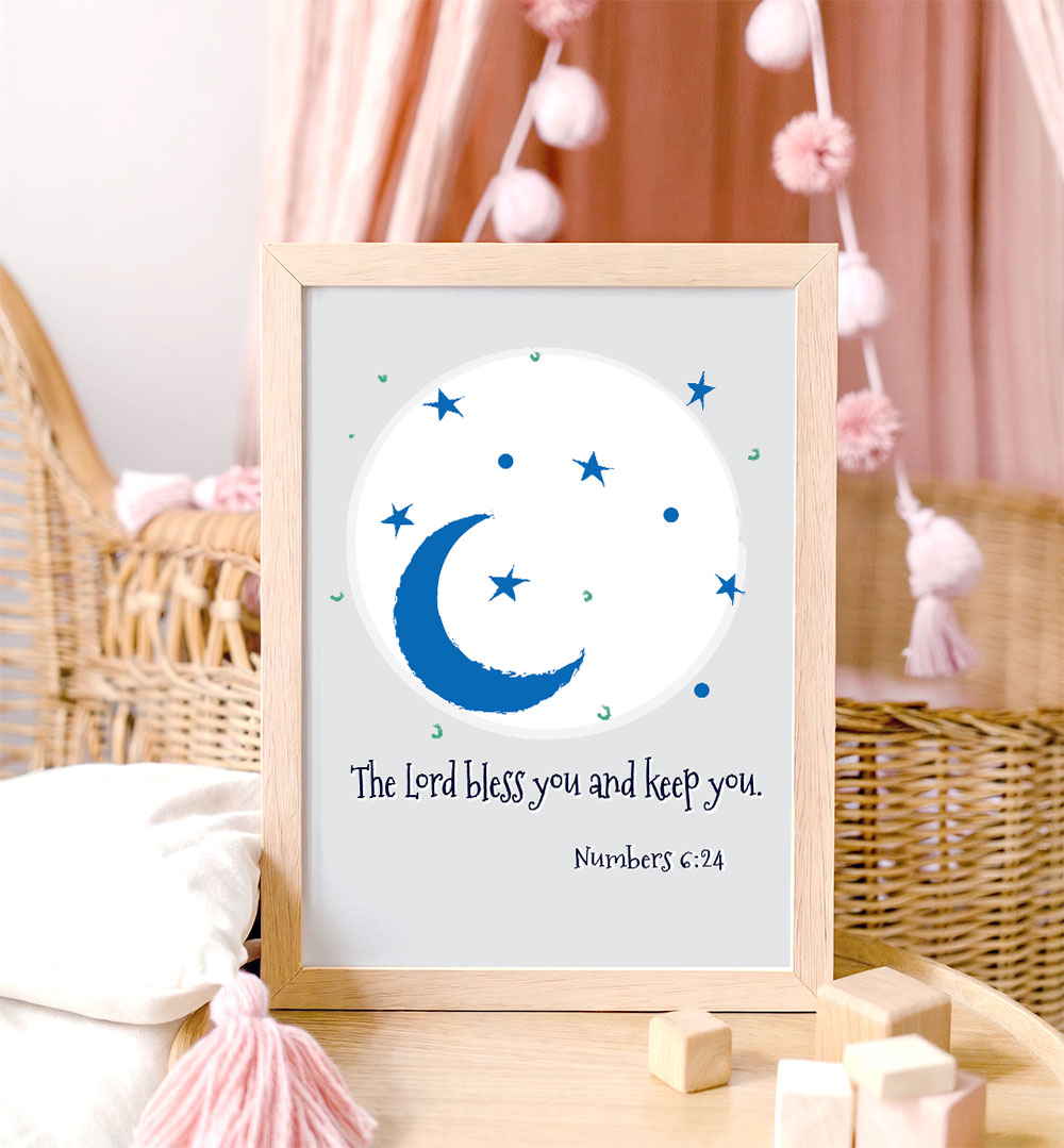 Christian kids room decor with Numbers 6:24 blue moon and stars wall art