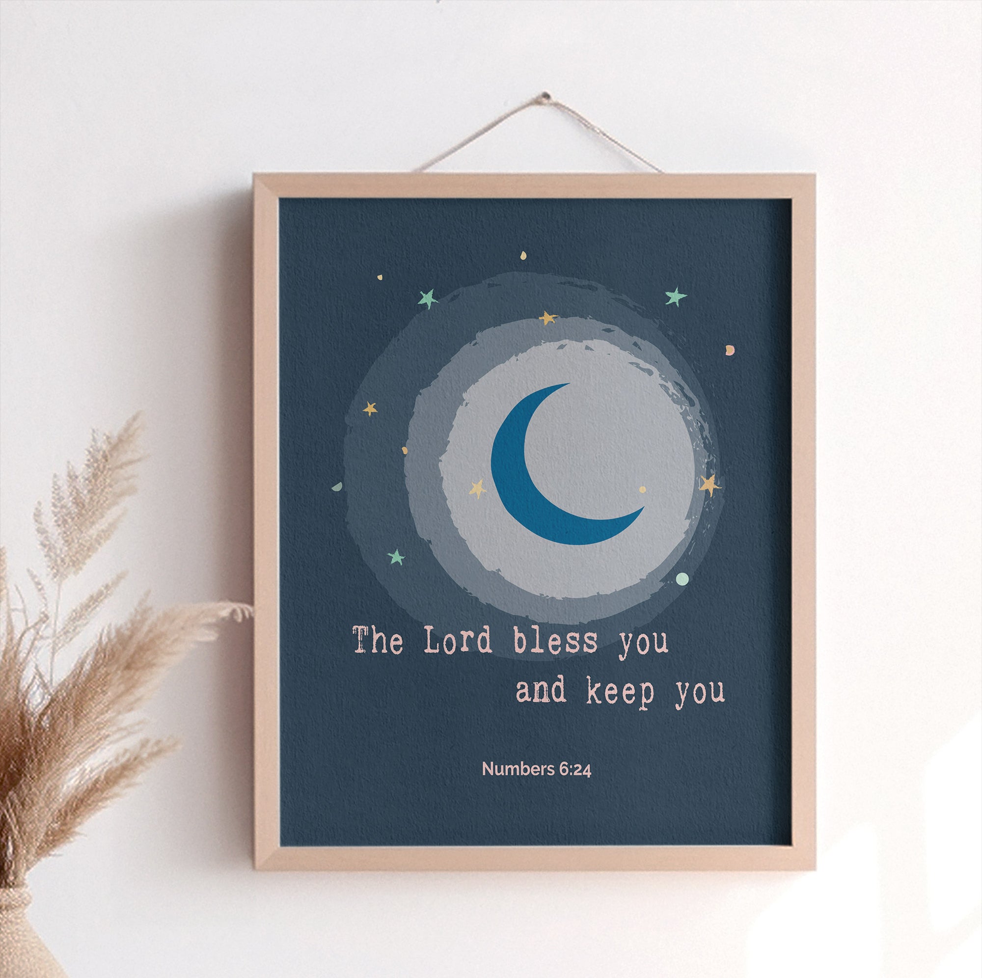Christian kids blessing print of Numbers 6:24 — The Lord bless you and keep you — with moon and stars