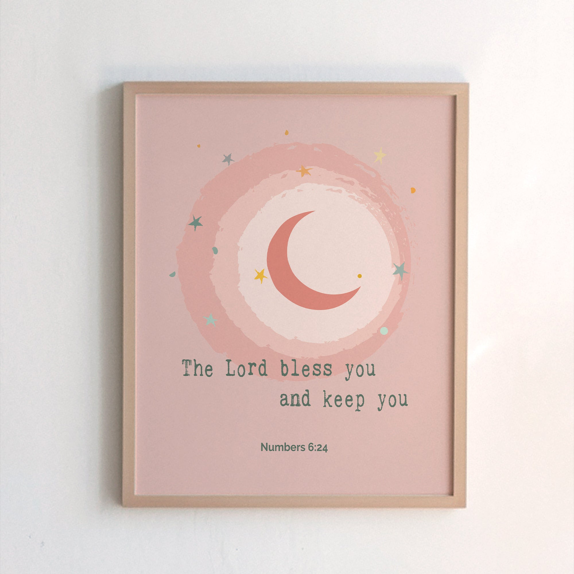 Numbers 6:24 pink kids scripture print with moon and star design — The Lord bless you and keep you