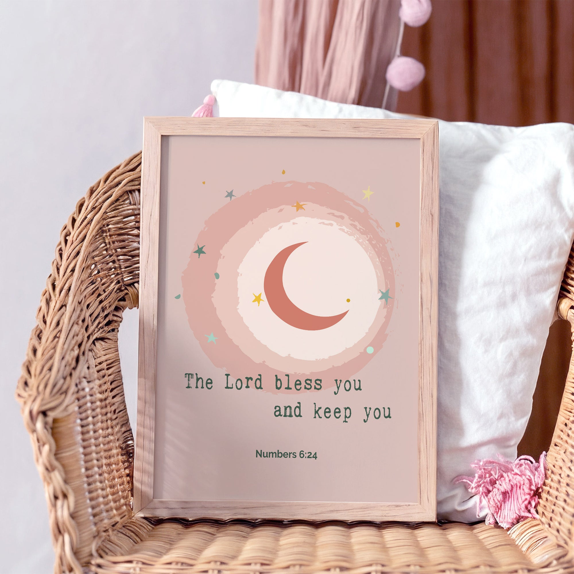 Christian pink kids blessing print of Numbers 6:24 — The Lord bless you and keep you — with moon and stars with girls room setting