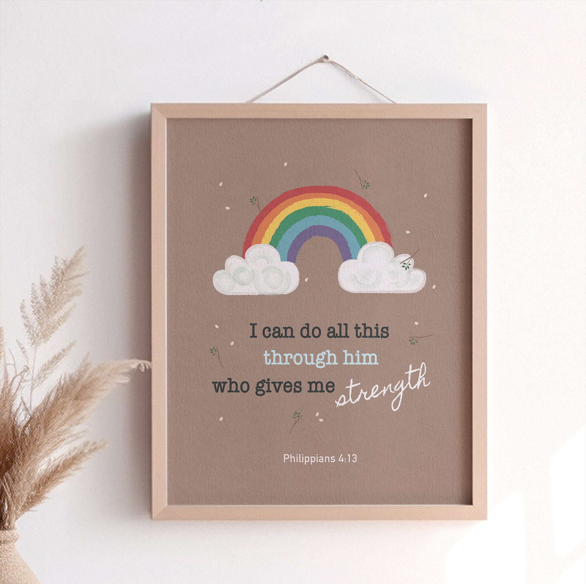 Christian encouragement print for kids featuring Philippians 4:13 with rainbow