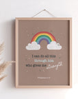 Christian encouragement print for kids featuring Philippians 4:13 with rainbow