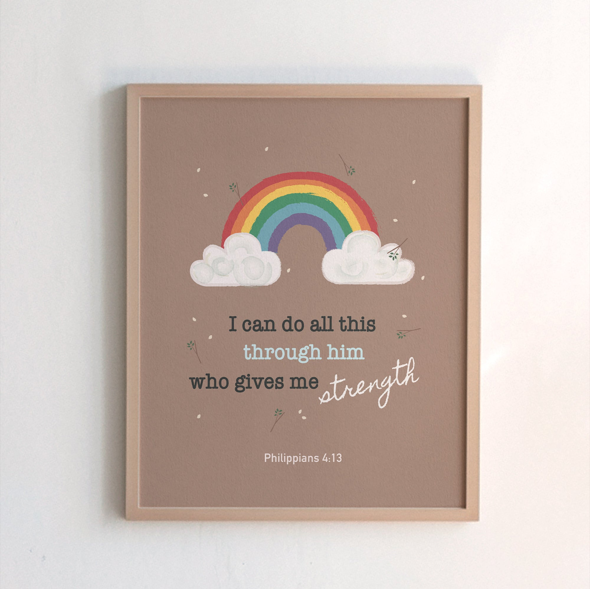 Philippians 4:13 kids scripture print with rainbow and cloud cocoa color design — I can do all this through him who gives me strength