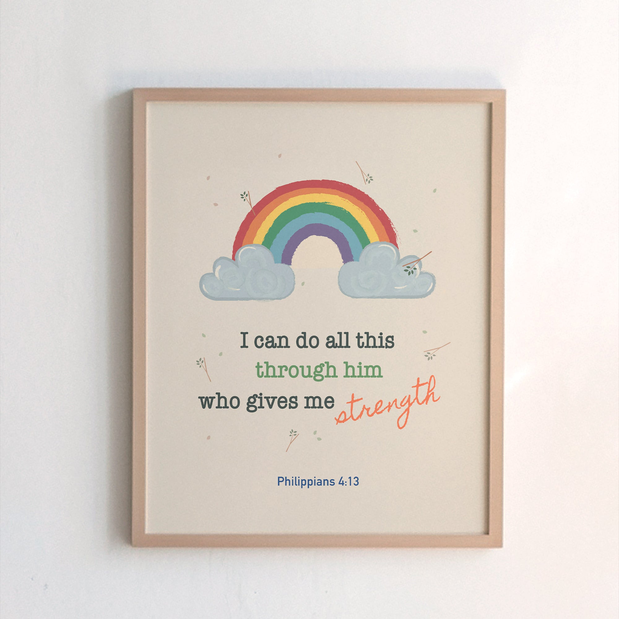 Philippians 4:13 kids scripture print with rainbow and cloud design — I can do all this through him who gives me strength