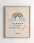 Philippians 4:13 kids scripture print with rainbow and cloud design — I can do all this through him who gives me strength