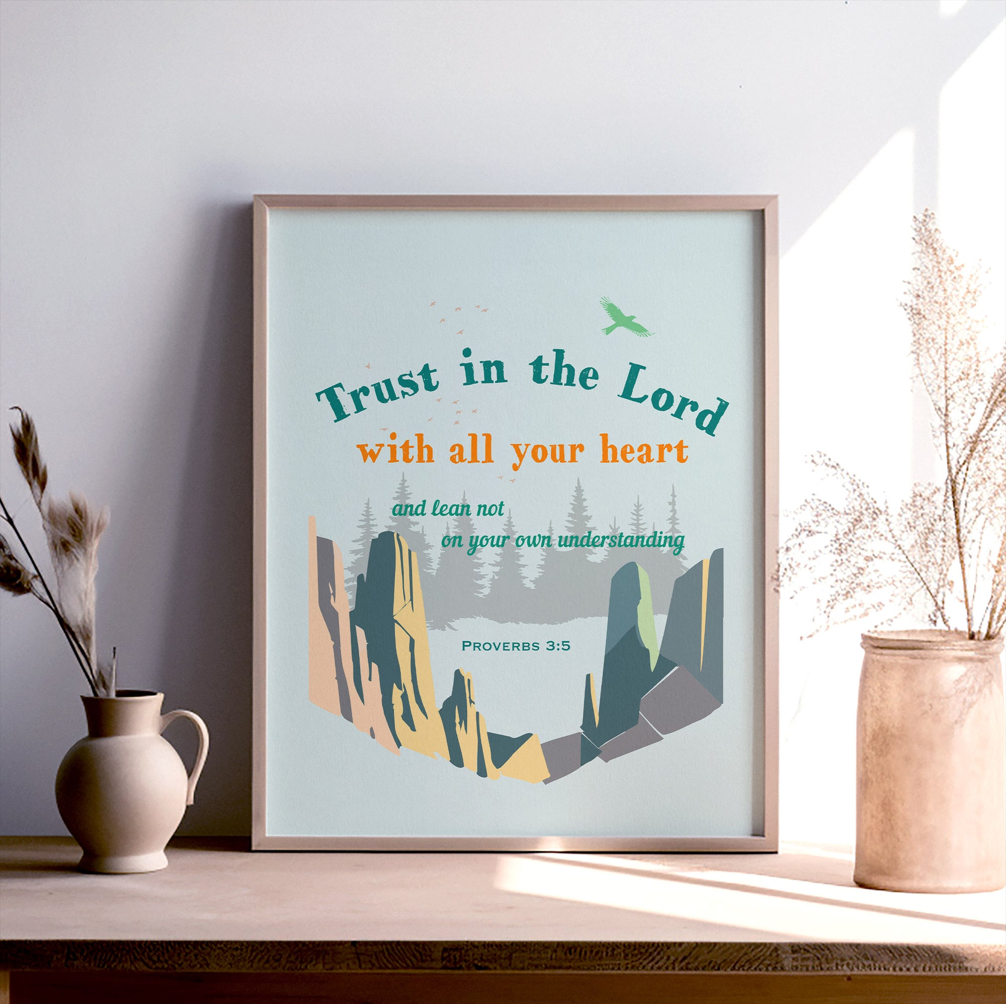 Proverbs 3:5 light blue scripture print with rocky mountain and trees design — Trust in the Lord with all your heart